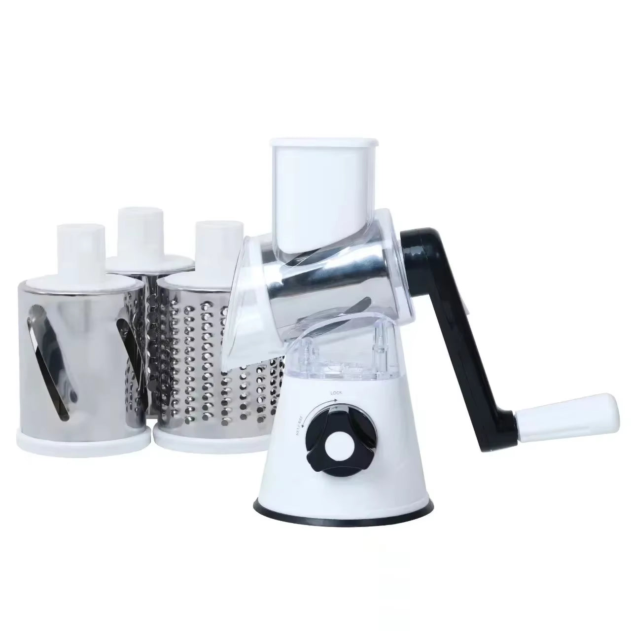 Rotary Grater with Handle, with 5 Well-Designed Blades and Strong Suction Cup Base, Mandoline Slicer and Vegetable Grater Rotary Utensils fast cutting machine kitchen must powerful Chopper Gyro Cheese Cutter Stainless Steel Multi-Functional blade storage