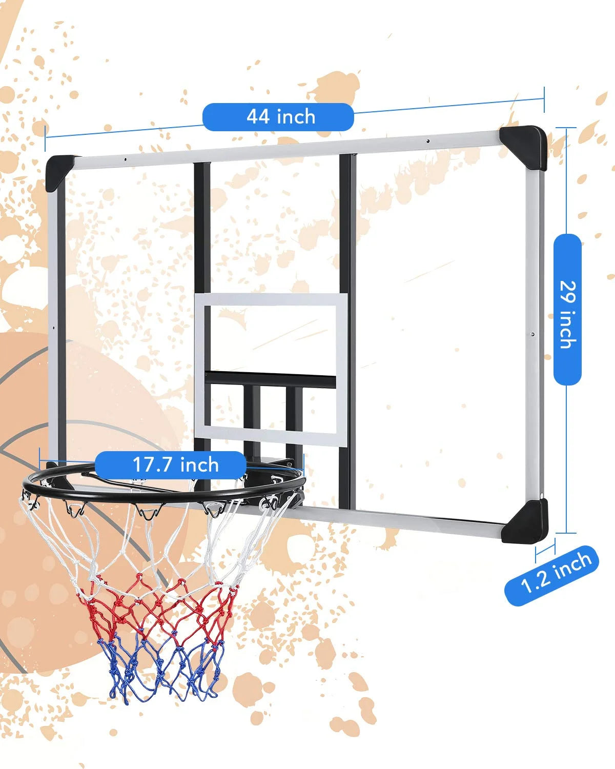 44" Basketball Backboard and Rim Combo, Wall Mounted Basketball Hoop Outdoor Indoor for Kids Adults