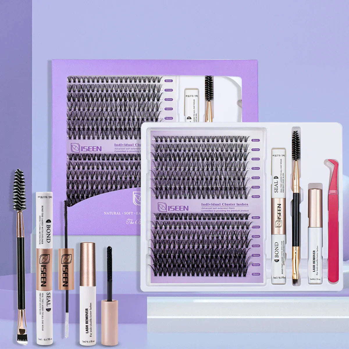 B&Q LASH Waterproof Lash Kit with Tweezers and Bond&Seal Extensions for Natural Look and Long Lasting Individual Lashes - Makeup Volumized False Eyelashes