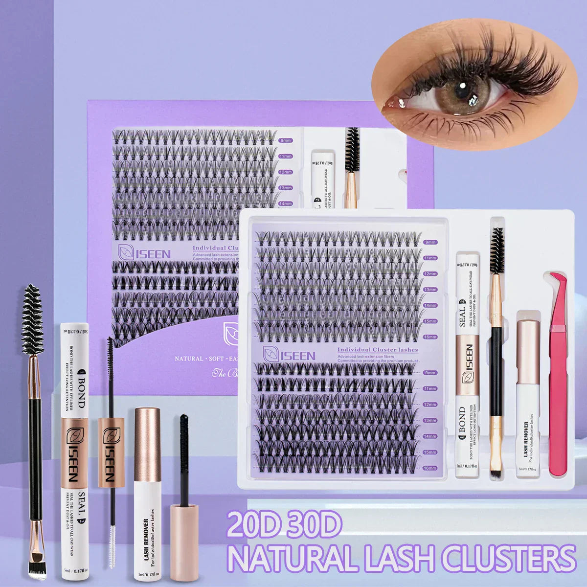 B&Q LASH Waterproof Lash Kit with Tweezers and Bond&Seal Extensions for Natural Look and Long Lasting Individual Lashes - Makeup Volumized False Eyelashes