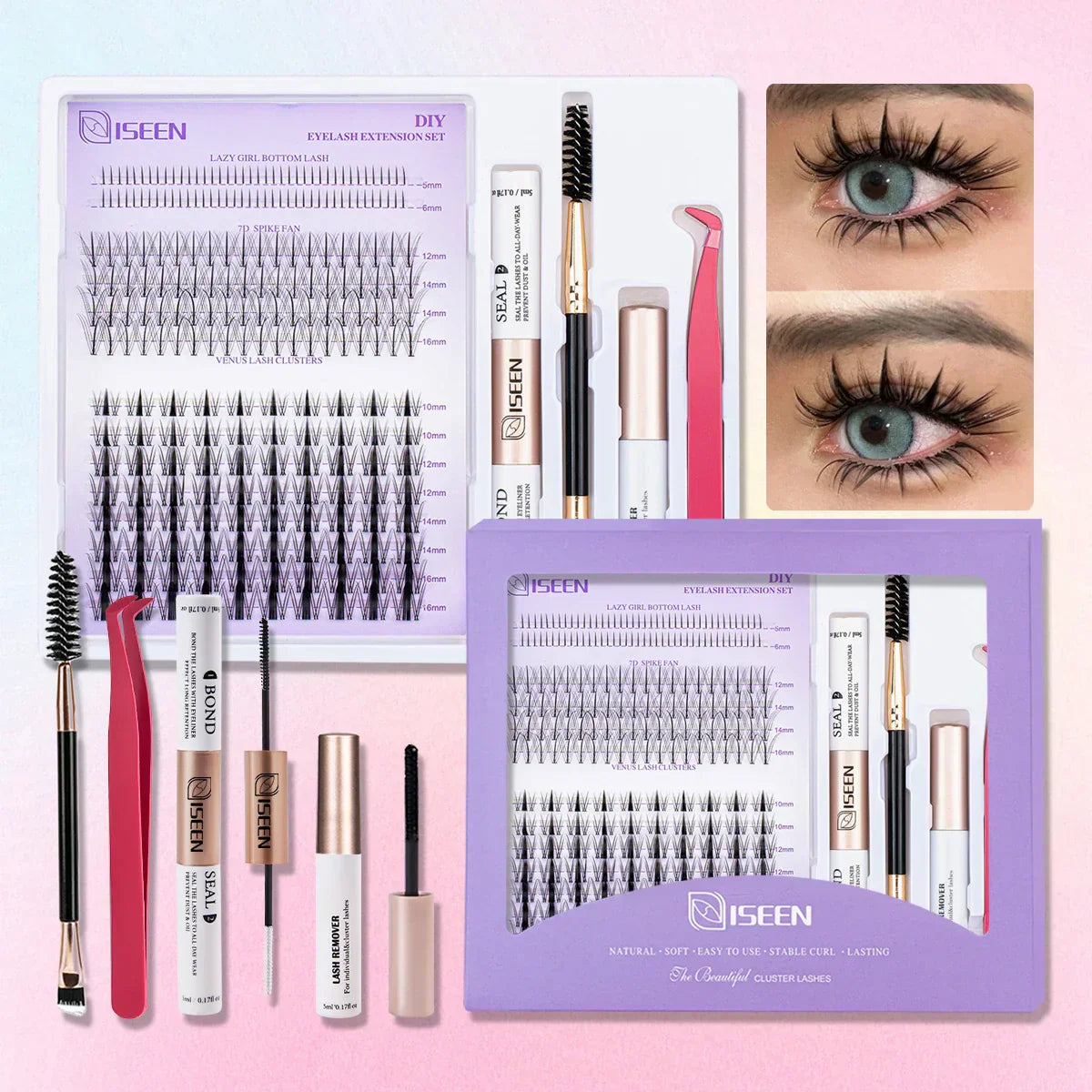 B&Q LASH Waterproof Lash Kit with Tweezers and Bond&Seal Extensions for Natural Look and Long Lasting Individual Lashes - Makeup Volumized False Eyelashes