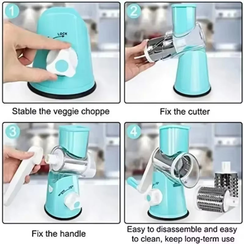 Rotary Grater with Handle, with 5 Well-Designed Blades and Strong Suction Cup Base, Mandoline Slicer and Vegetable Grater Rotary Utensils fast cutting machine kitchen must powerful Chopper Gyro Cheese Cutter Stainless Steel Multi-Functional blade storage
