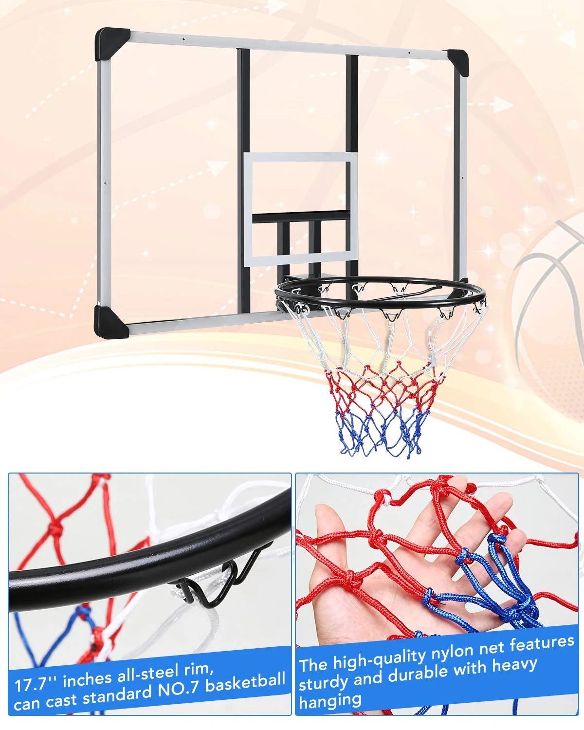 44" Basketball Backboard and Rim Combo, Wall Mounted Basketball Hoop Outdoor Indoor for Kids Adults