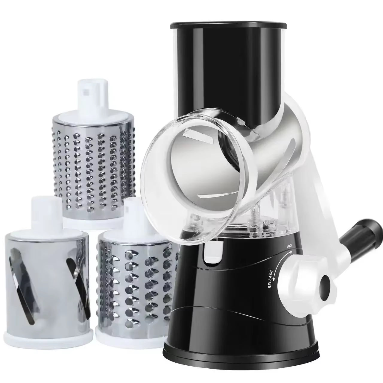 Rotary Grater with Handle, with 5 Well-Designed Blades and Strong Suction Cup Base, Mandoline Slicer and Vegetable Grater Rotary Utensils fast cutting machine kitchen must powerful Chopper Gyro Cheese Cutter Stainless Steel Multi-Functional blade storage