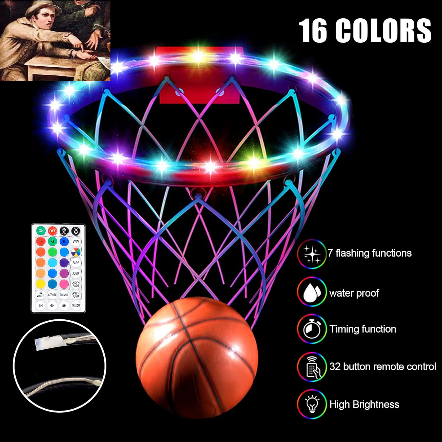 Remote Control Basketball Rim & Backboard LED Light with 16 Colors 7 Flashing Mode for Playing Basketball in the Dark (Rim and Backboard Not Included)