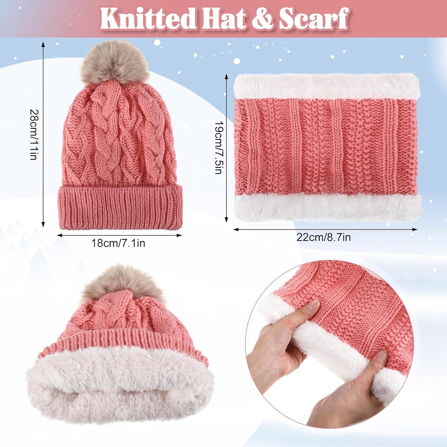 5 Pcs Winter Hat Scarf Gloves Set Fleece Lined Knit Beanie Hat Warm Touch Screen Gloves Earmuff Warmer for Women