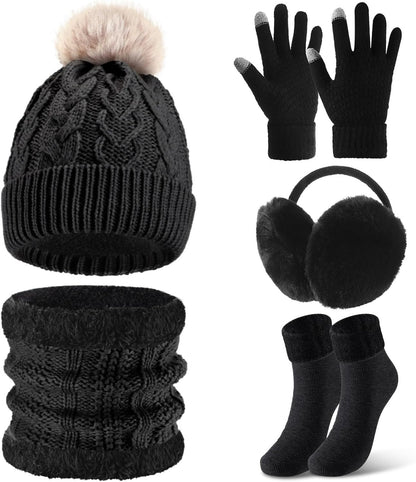 5 Pcs Winter Hat Scarf Gloves Set Fleece Lined Knit Beanie Hat Warm Touch Screen Gloves Earmuff Warmer for Women