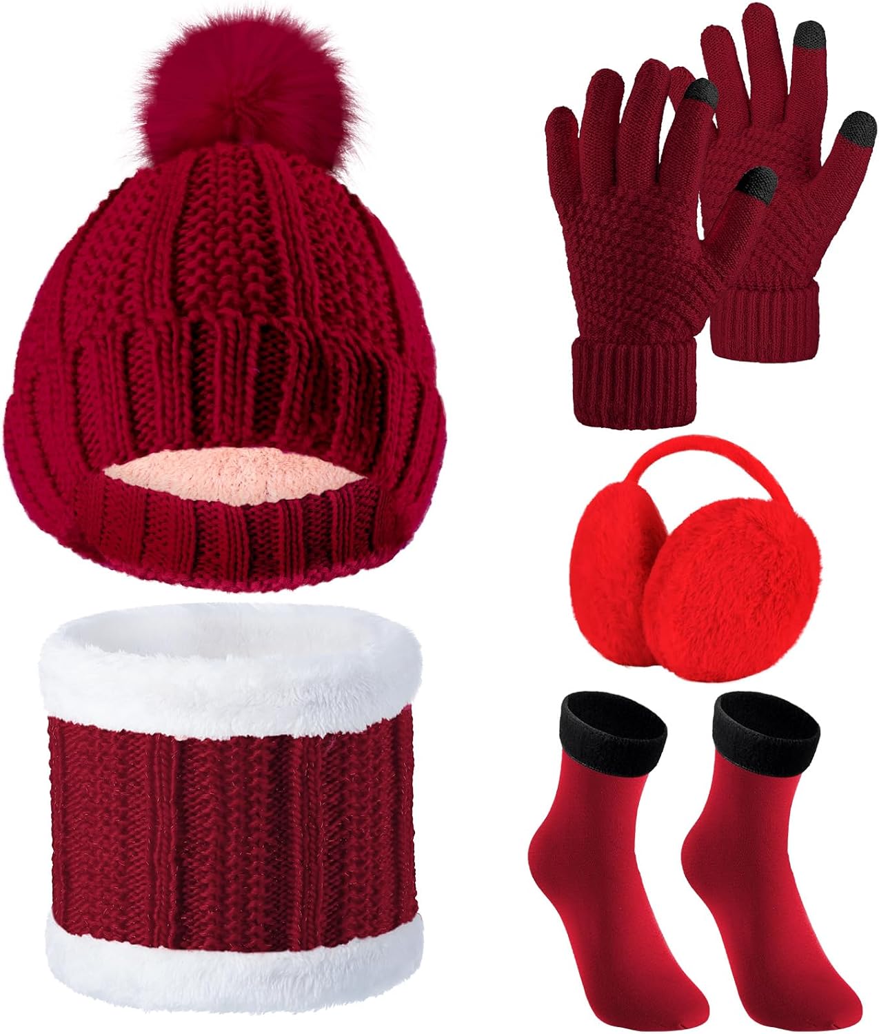 5 Pcs Winter Hat Scarf Gloves Set Fleece Lined Knit Beanie Hat Warm Touch Screen Gloves Earmuff Warmer for Women