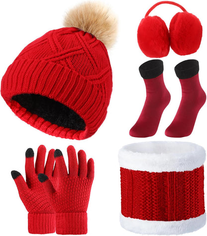 5 Pcs Winter Hat Scarf Gloves Set Fleece Lined Knit Beanie Hat Warm Touch Screen Gloves Earmuff Warmer for Women