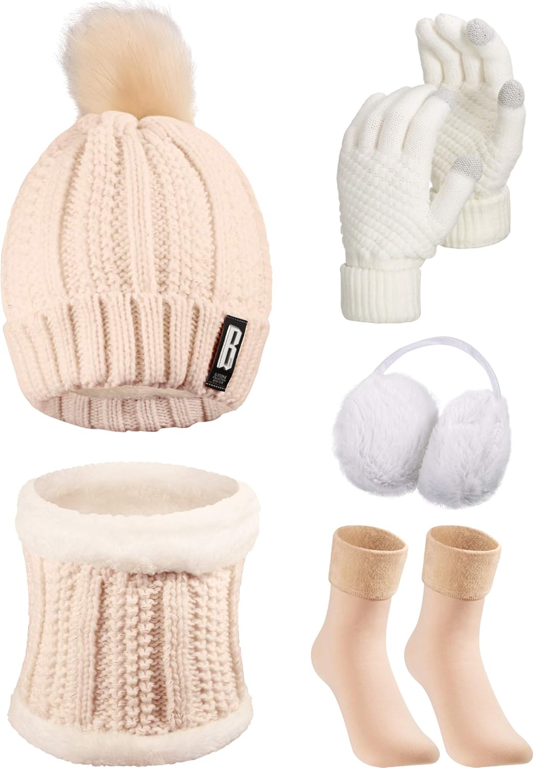 5 Pcs Winter Hat Scarf Gloves Set Fleece Lined Knit Beanie Hat Warm Touch Screen Gloves Earmuff Warmer for Women