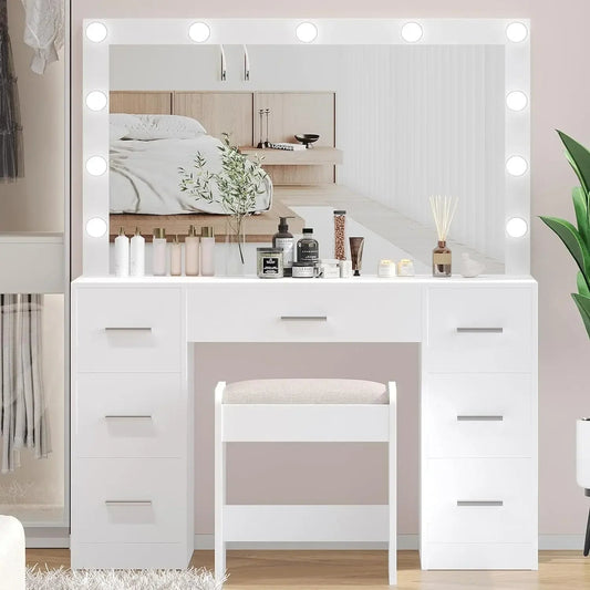 Vanity Desk with Stool Set - 3 Color Lighting Modes