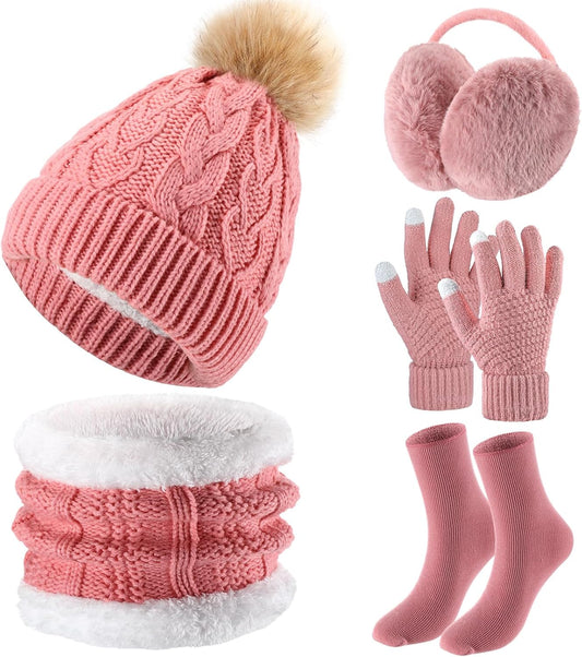 5 Pcs Winter Hat Scarf Gloves Set Fleece Lined Knit Beanie Hat Warm Touch Screen Gloves Earmuff Warmer for Women