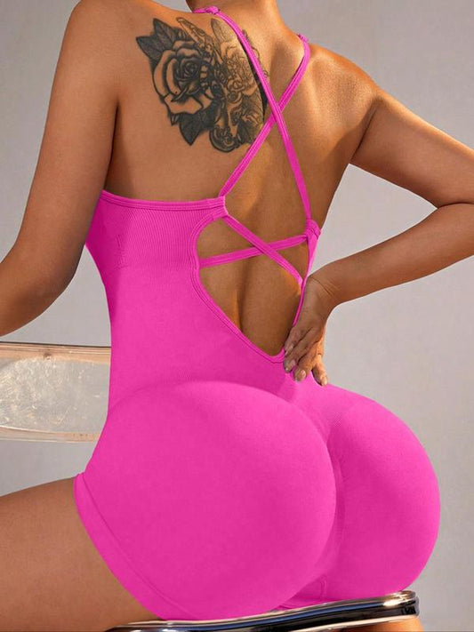 Women's Backless Padded Sports Scrunch Butt  Romper for Yoga Gym Fitness