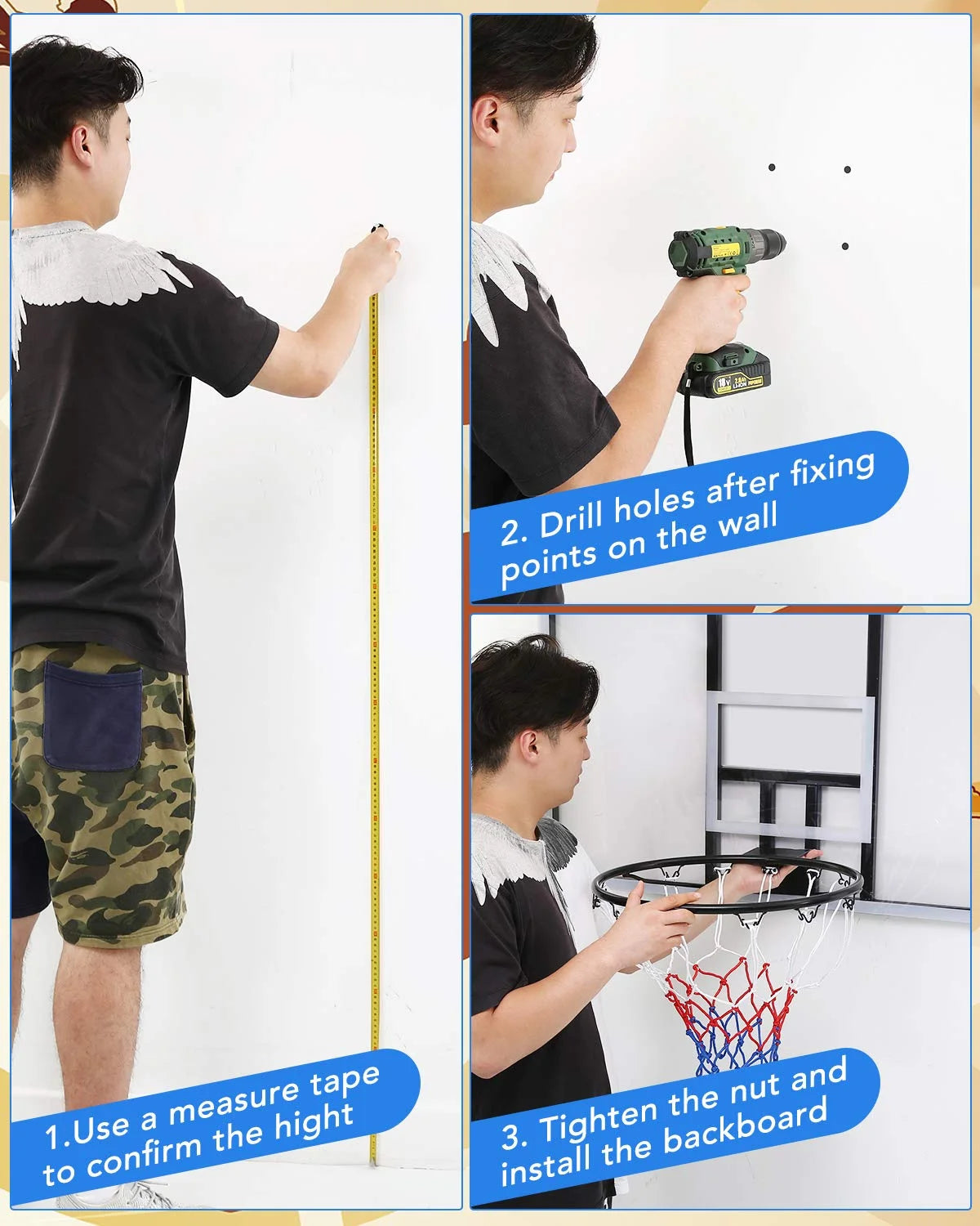 44" Basketball Backboard and Rim Combo, Wall Mounted Basketball Hoop Outdoor Indoor for Kids Adults